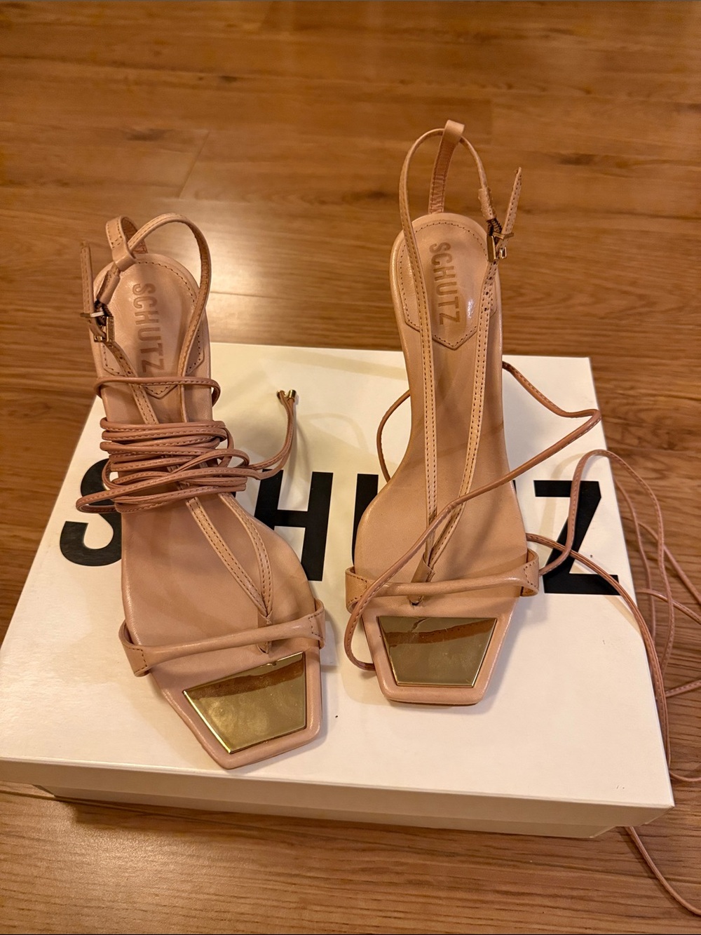 SCHUTZ Blush Nude Lace-Up Leather  Heel Sandals with Gold Accent